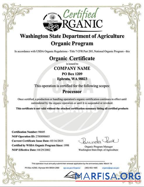 Printable USA Washington organic certificate of company Word and PDF template